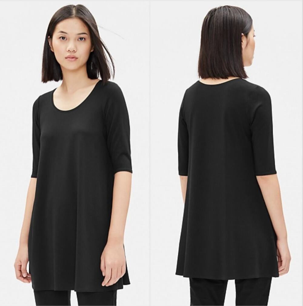 Eileen Fisher Jersey Elbow Sleeve Tunic Top Black Size XS